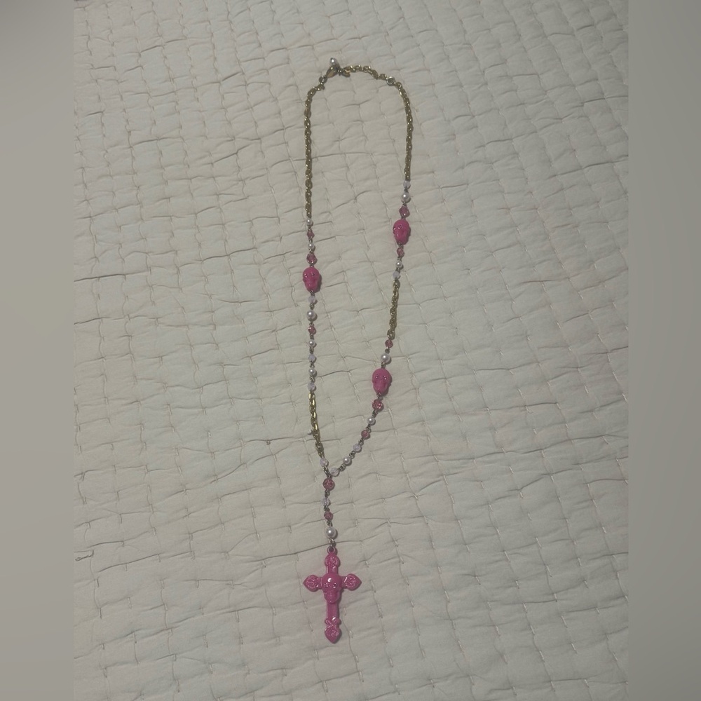 Tarina Tarantino Pink and Gold Skull Necklace